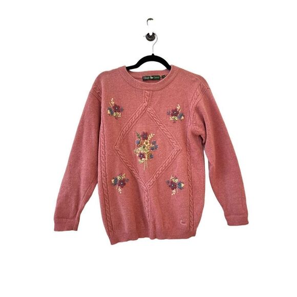 Vintage Village Green Floral Embroidery Wool Blend Sweater Pink Women’s Size Med - Picture 2 of 6